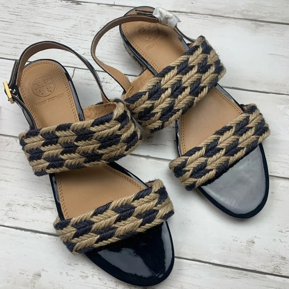 Tory Burch Lola Woven Flat Sandals Blue Patent Leather Boho Heeled Resort 7 - Picture 4 of 7